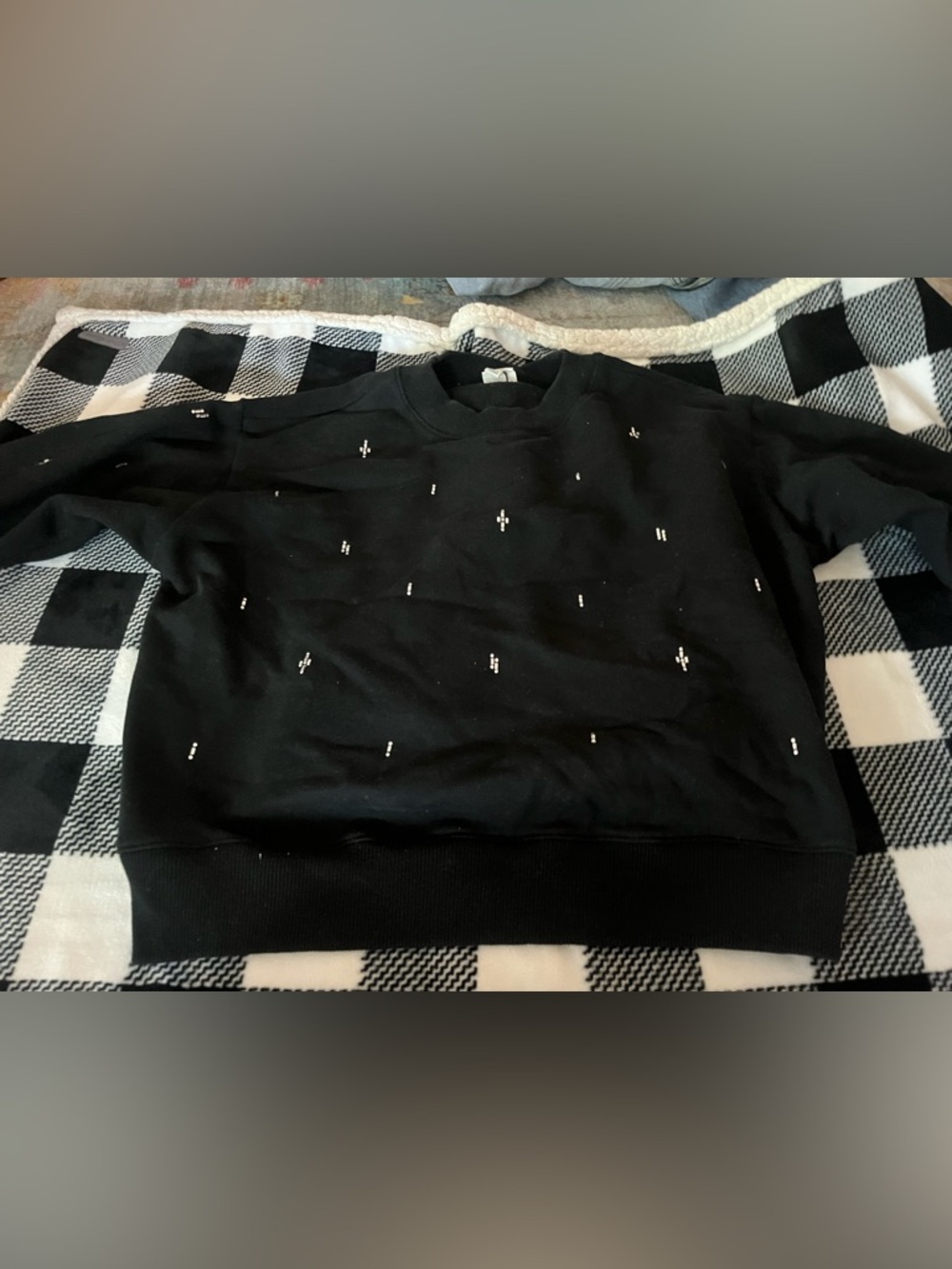 a new day Black Crewneck Sweater with White Dot Embroidery